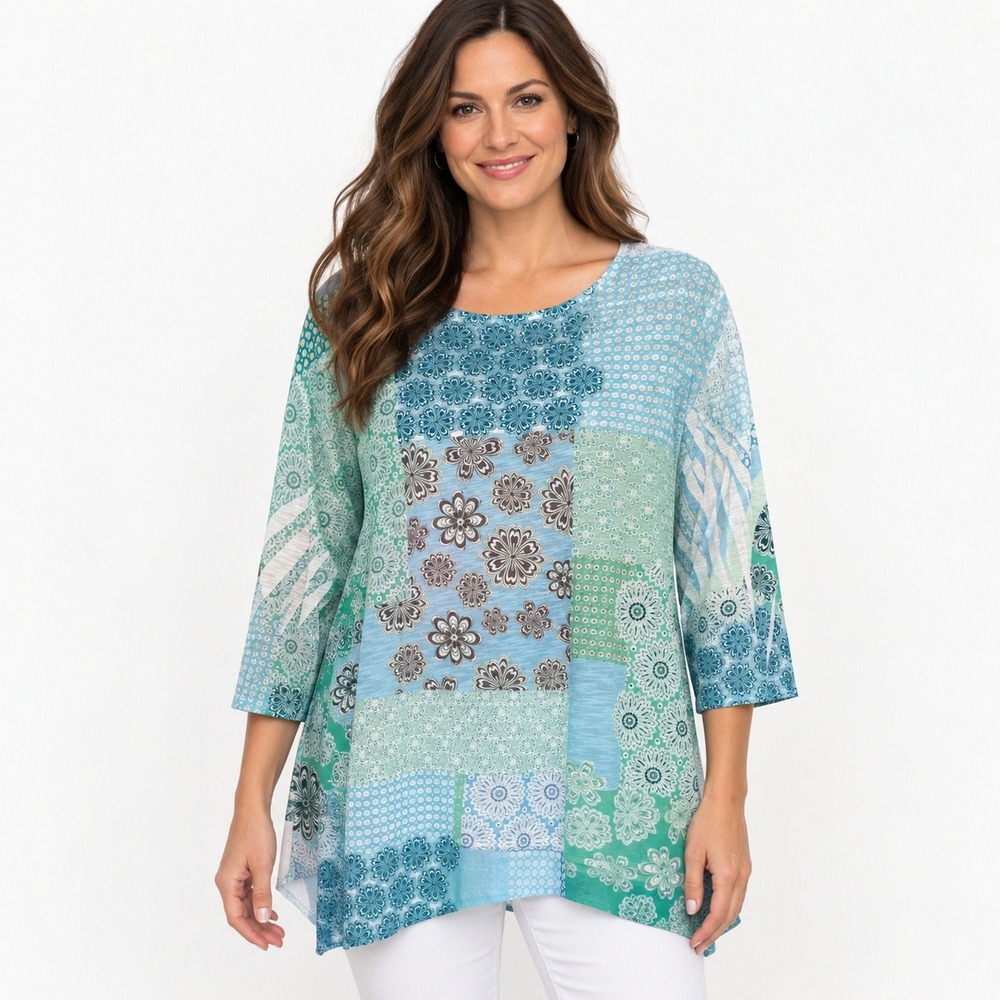 Jess & Jane XL Blue Floral Patchwork Sheer Slub Knit 3/4 Sleeve Top Made USA